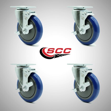Service Caster 5 Inch SS Blue Polyurethane Swivel Top Plate Caster Set with Brake SCC SCC-SS20S514-PPUB-BLUE-TLB-4